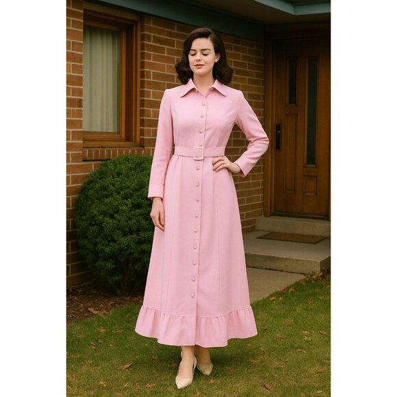 Vintage 1970s Garfinckel’s Pink Rhinestone Button Dress – Long Sleeve, Feminine - Picture 1 of 10